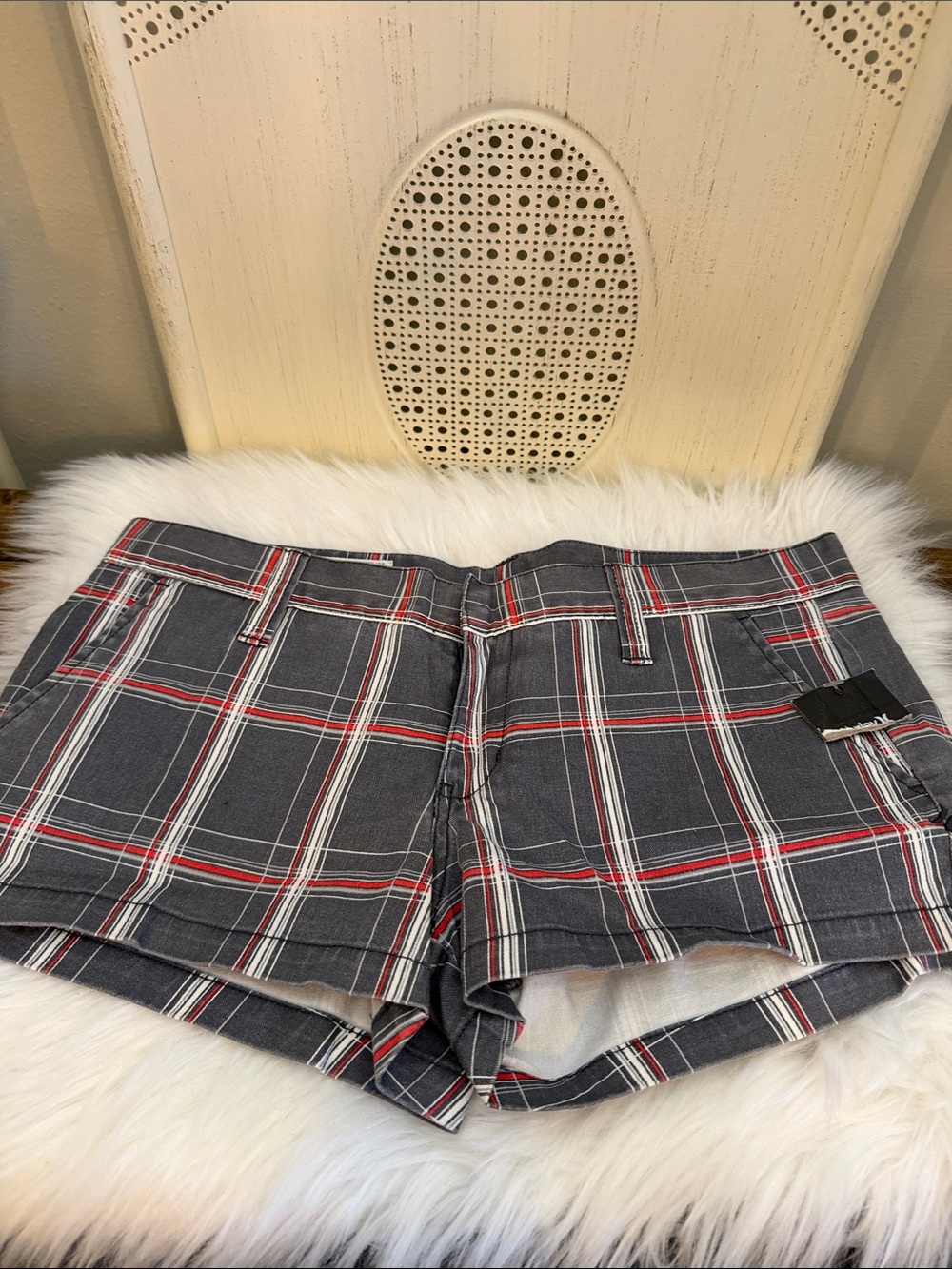 Hurley Gray Plaid Women's Shorts with Red & White Stripes